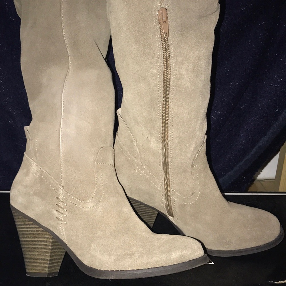 Beige suede over knee boots